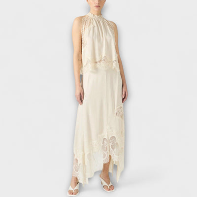 Kaia - Satin Blouse with Lace Trim and Pleated Neckline Set