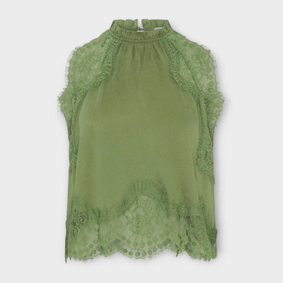 Kaia - Satin Blouse with Lace Trim and Pleated Neckline Set